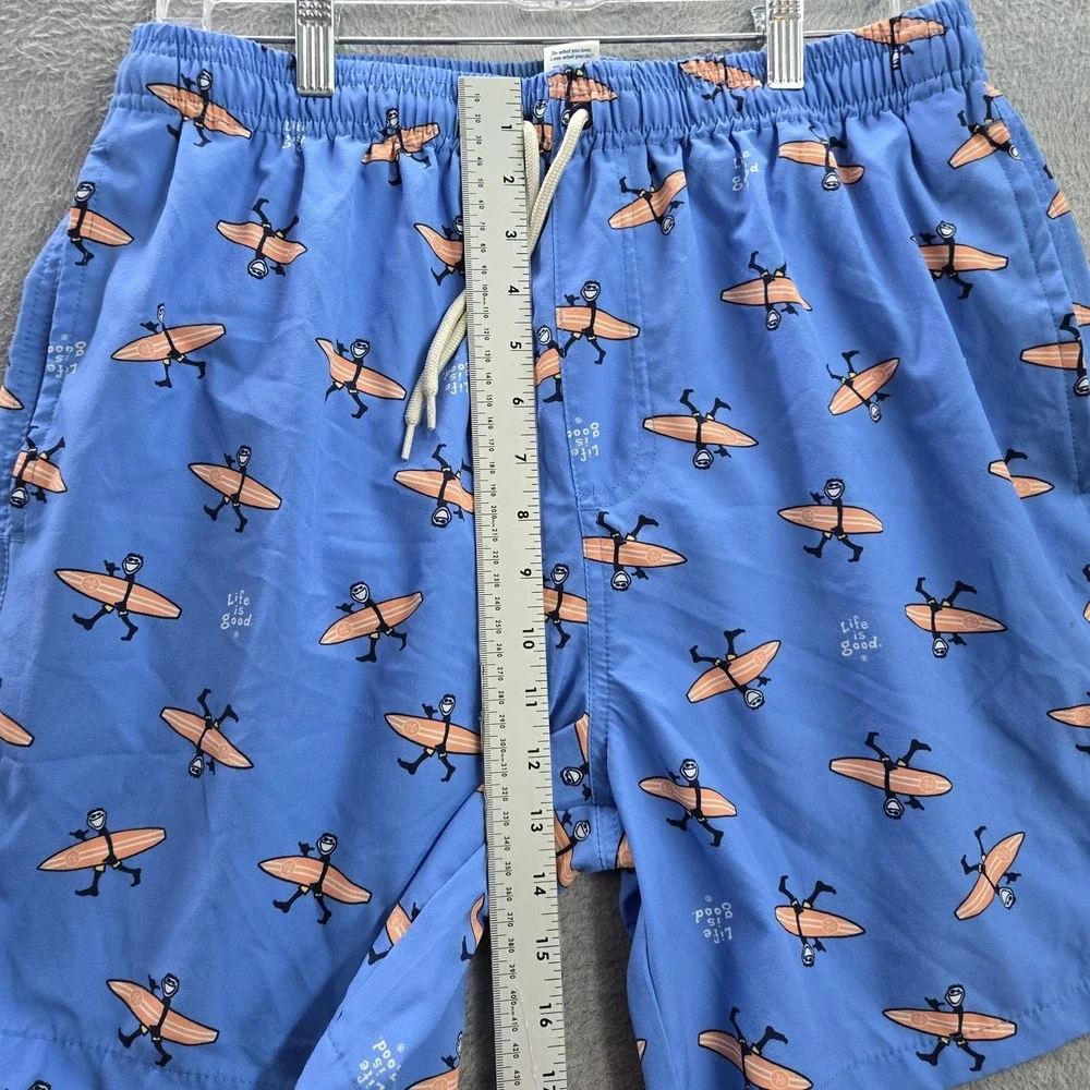Life Is Good Men Swimwear M Blue Orange Swim Trunks Graphic Print Drawstring‎